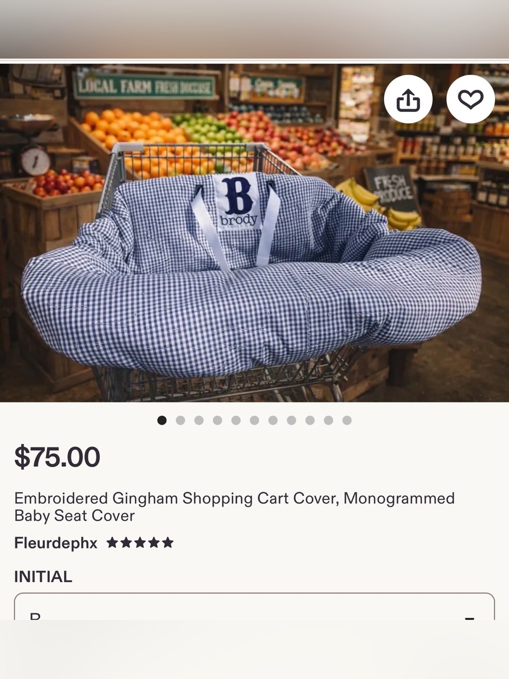 Embroidered Gingham Shopping Cart Cover, letter R